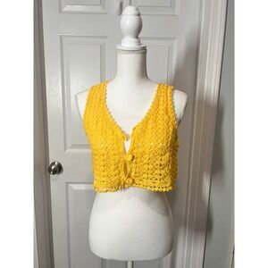 Julia by Love J Yellow Crochet Tie Front Crop Vest Top Women's Size Large